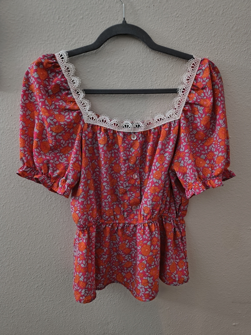 Alice Blue Pink Orange Floral Peplum Puff Sleeve Cottagecore Blouse Size Small